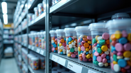 A warehouse shelf filled with colorful bins.