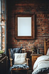A wooden, antique picture frame on a brick wall in a cozy bedroom, decorated with vintage furniture and rustic charm, soft lighting.