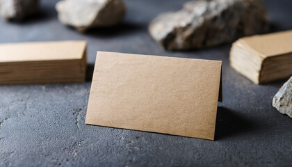 Mock-up of empty craft paper business card. Branding presentation. Stone background. Minimalist