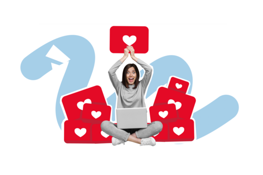 Creative 3d collage artwork of funny funky woman using modern technology satisfied speed connection isolated on painting background