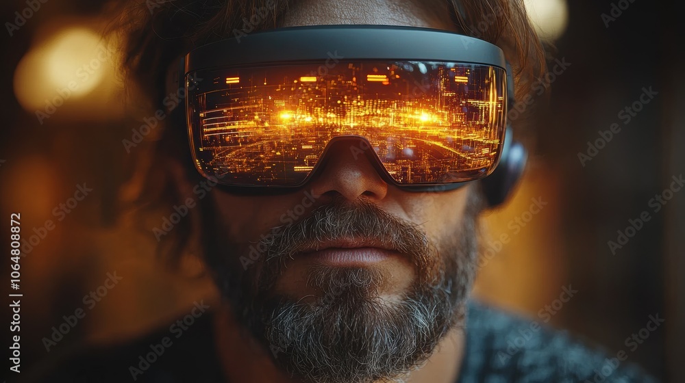 Poster factory worker using augmented reality (ar) glasses to monitor production workflows, showcasing the 