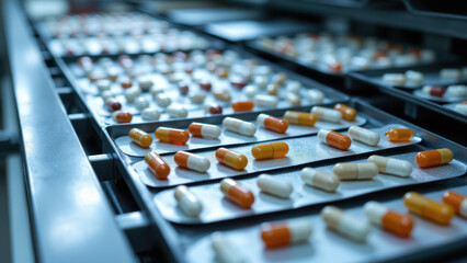 Obraz premium Various colored pills neatly arranged on trays.