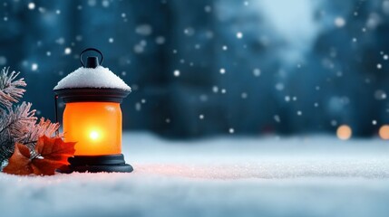 Naklejka premium A warm orange light emanates from a lantern nestled among fallen autumn leaves, creating a cozy atmosphere in a snowy setting on a calm winter evening
