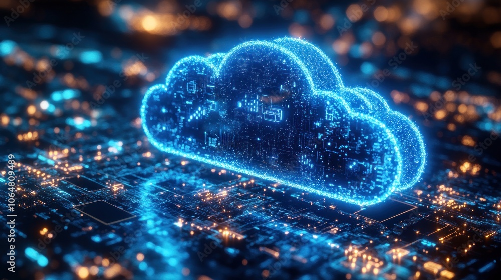 Poster a luminous, blue cloud structure hovers above a vibrant network of interconnected data points, symbo
