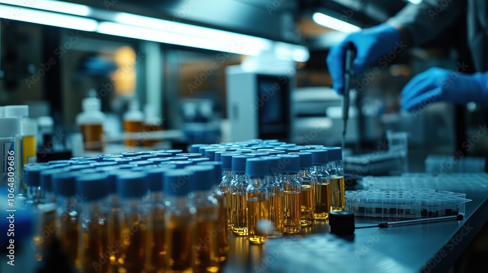 Poster row of vials with scientist working in lab. row of vials filled with liquid in a medical laboratory 