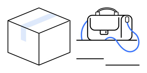 Package box and briefcase on surface with blue lines, suggesting shipment and business work. Ideal for logistics, e-commerce, business travel, office organization, corporate services, courier