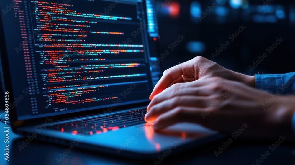 Poster a user focuses on coding late at night, fingers poised over a laptop keyboard while colorful lines o