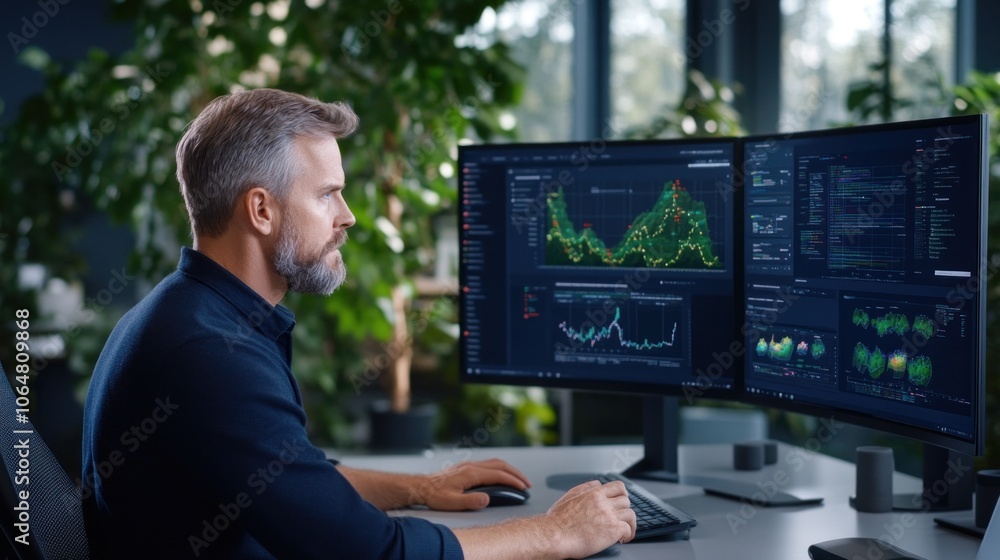 Poster a focused individual is examining complex data visualizations on two large screens in a contemporary