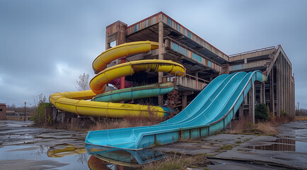 An expansive, abandoned water park building with a massive, multi-level structure towering over an empty, overgrown parking lot. winding water slides that twist and loop out of various levels.