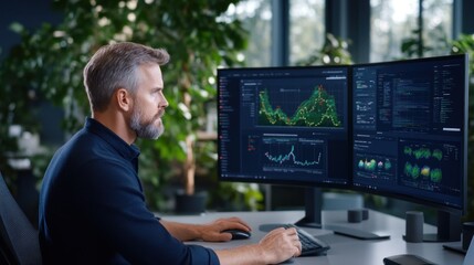 A focused individual is examining complex data visualizations on two large screens in a contemporary workspace. Lush plants are visible, providing a serene environment for analysis