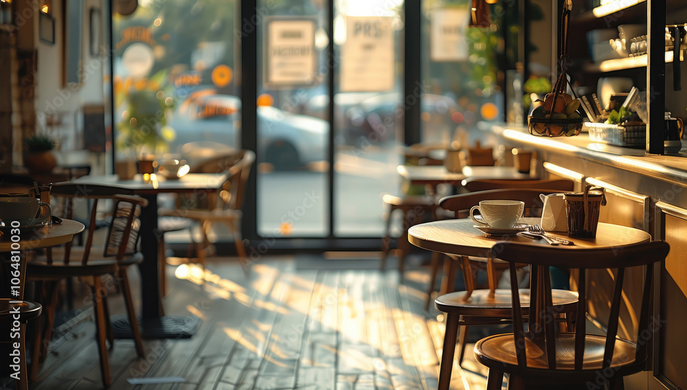 Poster inside coffee shop with a few tables and chairs and coffee cups on table.