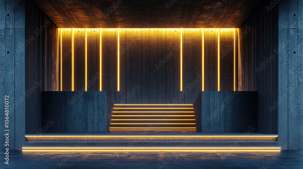 Aufkleber a minimalist stage design showcases glowing vertical lines and steps, creating a striking atmosphere