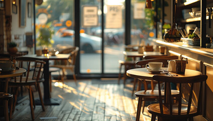 Inside coffee shop with a few tables and chairs and coffee cups on table.