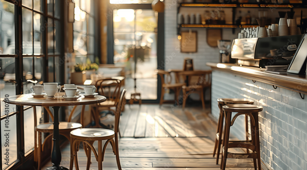 Aufkleber inside coffee shop with a few tables and chairs and coffee cups on table.