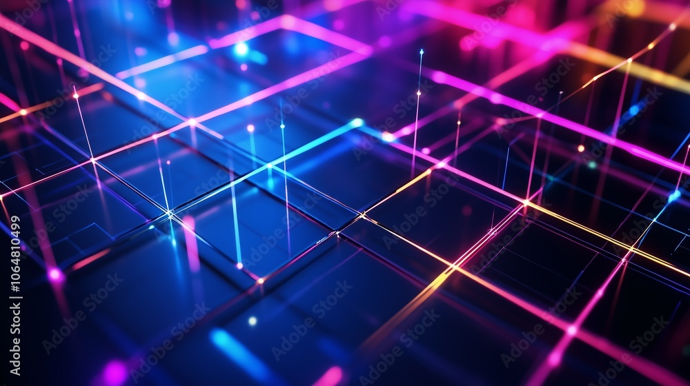 Poster colorful neon grid pattern with glowing lines and dots creating a vibrant digital artwork