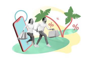 Template digital collage of two people friends family booking resort on special low cost using app device traveling