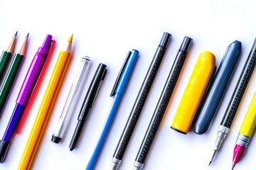 Fototapeta premium A colorful collection of pens and pencils neatly arranged on a white background. Perfect for office supplies or creative projects. Generative AI