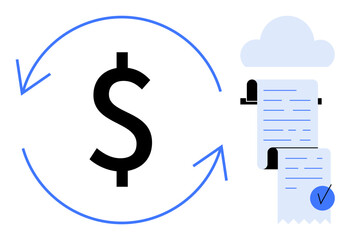 Large dollar sign with circular arrows, representing financial transactions. Blue checkmark on receipts indicates verification. Ideal for finance, transactions, invoicing, cloud storage