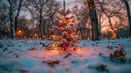 Miniature Christmas Tree Decorated in Snowy Winter Forest..
