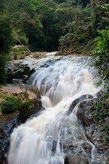 Naklejka premium Serene Robinson Falls cascading through lush green foliage in Cameron highland, Malaysia