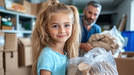 A cheerful young girl holds a bag of packed items while helping an adult in the background. They are engaged in organizing contributions at a community center during the day
