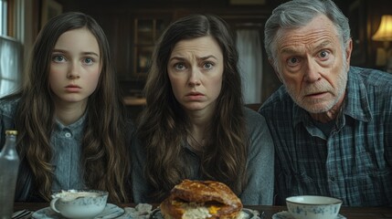 A girl, a woman, and an elderly man share a tense moment at the dining table, their surprised expressions drawing attention away from the uneaten meal in front of them in a cozy setting
