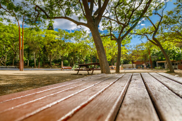 A mockup with wooden picnic table in a park, with the surface of the table in focus and the background slightly blurred