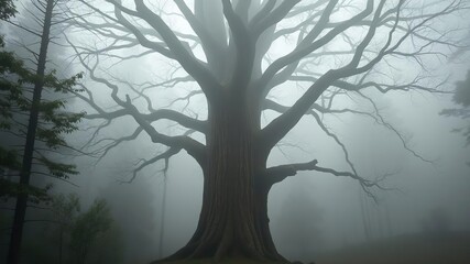 Obraz premium Fog swirls around a massive tree in the heart of the forest, mysterious forest, eerie silence