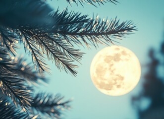 Full moon shining brightly behind a tree branch.