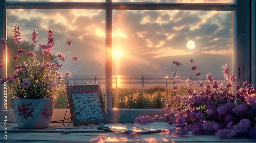 Poster a beautiful foreground image of a month long calendar, on a wall, sitting on a table is a background