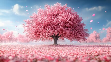 A cherry blossom tree in full bloom, with delicate pink petals drifting and scattering in the breeze