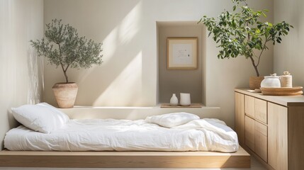 Fototapeta premium A calming bedroom featuring a low wooden platform bed