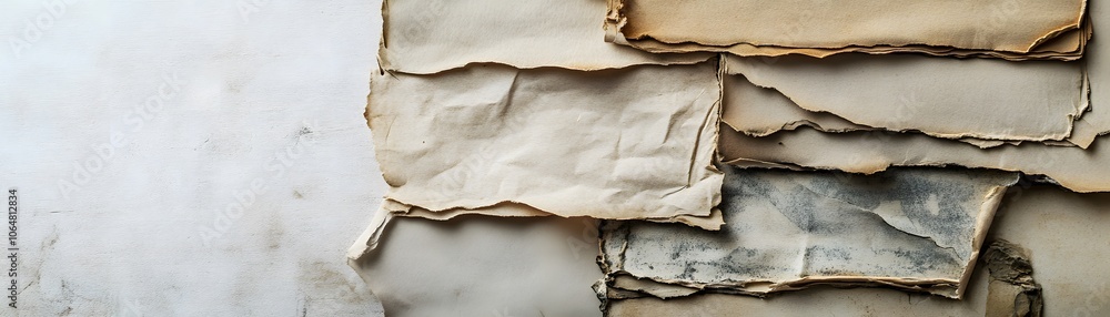 Poster stack of aged, fragile papers with uneven edges
