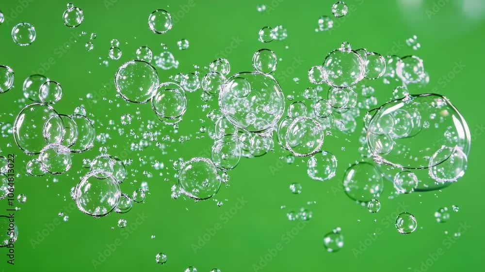Poster many transparent bubbles are floating on a green screen background, creating a mesmerizing visual ef