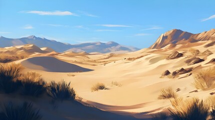 Naklejka premium An expansive desert with rolling sand dunes, creating a serene and vast landscape, with soft shadows and a clear blue sky above.