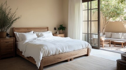 A calming bedroom with a wooden bed frame
