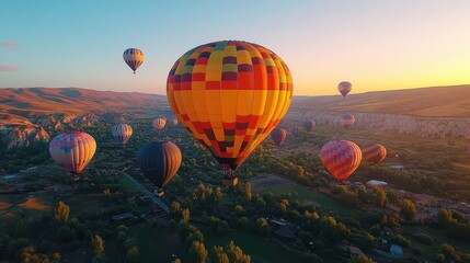 Fototapeta premium A vibrant hot air balloon festival, with various balloons in different patterns soaring above a picturesque valley.