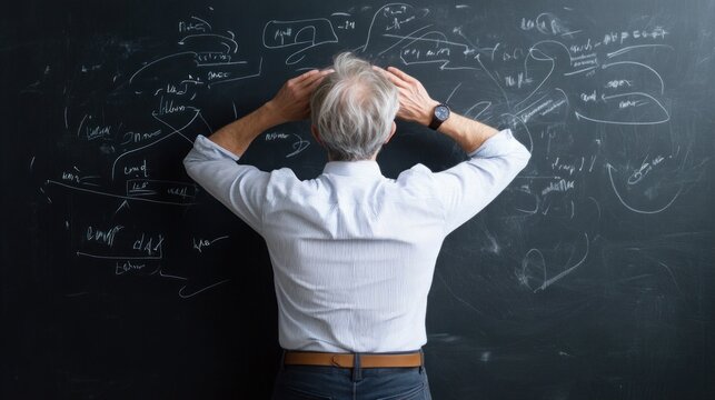 An elderly man stands in front of a blackboard filled with intricate equations, appearing deep in thought while analyzing various mathematical concepts in a classroom setting - Powered by Adobe