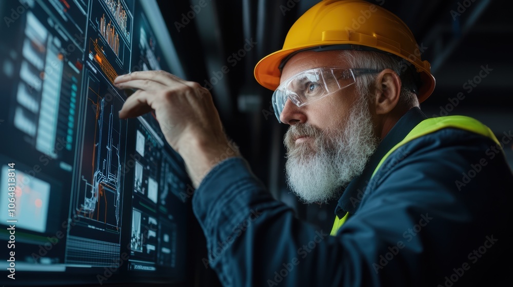 Poster a skilled engineer in a hard hat and safety goggles focuses intently on an advanced monitor displayi