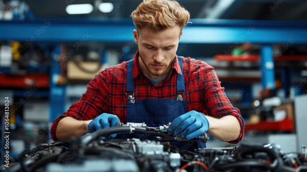 Poster a skilled young mechanic works on an engine in a busy workshop, using precise tools and demonstratin