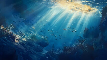 Obraz premium A vibrant underwater scene with rays of sunlight piercing through the water, illuminating fish and coral, creating a calm and immersive effect.