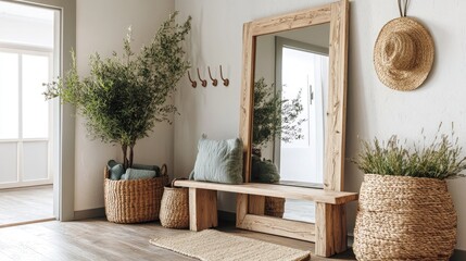 Fototapeta premium A calming entryway with a wooden bench
