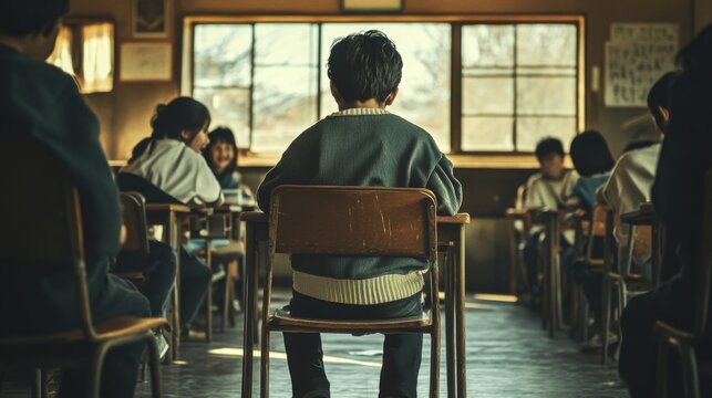 A Boy Sitting Alone at a School Desk in a Quiet Classroom