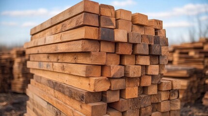 A collection of neatly stacked wooden beams fills the foreground, showcasing the natural grain and color of the timber against a backdrop of blue sky and scattered clouds