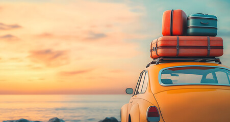 Retro yellow car with luggage at sunset by the sea, perfect for travel memories and vacation themes