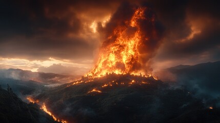 Fototapeta premium A powerful volcanic eruption transforms the landscape as molten lava streams down the slopes, illuminating the dark skies at twilight. Ash clouds billow ominously above