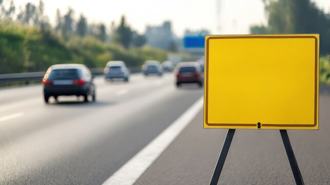A safety warning board mockup next to a busy road with vehicles and pedestrians