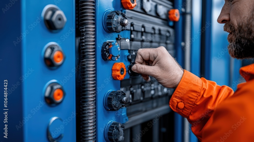 Poster a technician in an orange jacket focuses on adjusting the control panel knobs in a machinery worksho