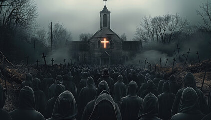 Crowd of black people in a crowd in black hoodies. In the back ground behind the crowds is a derelict dystopian church with a cross on the steeple lit up like a beacon of hope for the people.