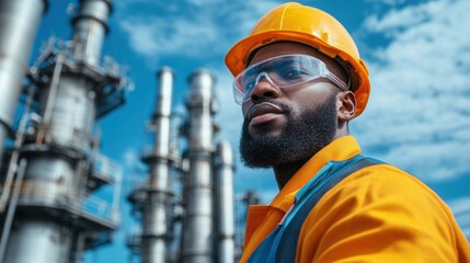 The construction worker stands confidently at an industrial site, wearing a hard hat and safety glasses